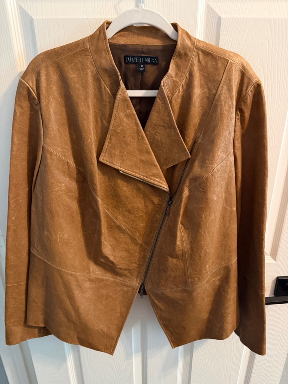 Lafayette 148 New York Warm Cognac Leather Asymmetric Zip Jacket